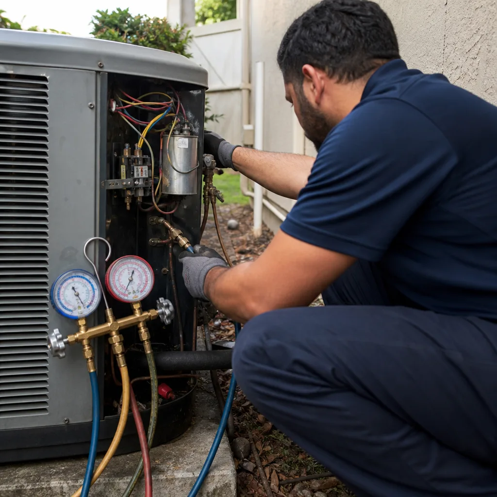 HVAC technician performing professional air conditioning repair and maintenance service