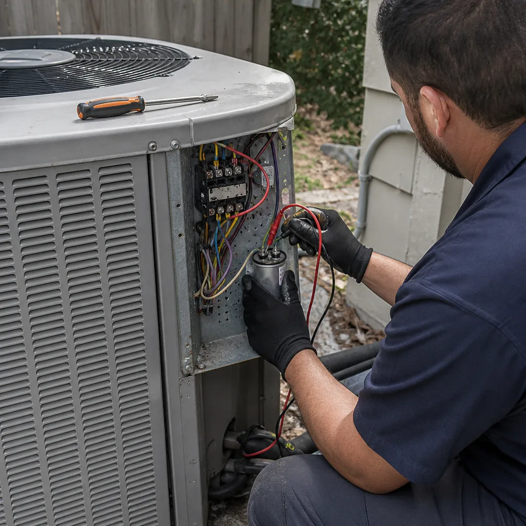 HVAC technician testing an air conditioner capacitor with a multimeter