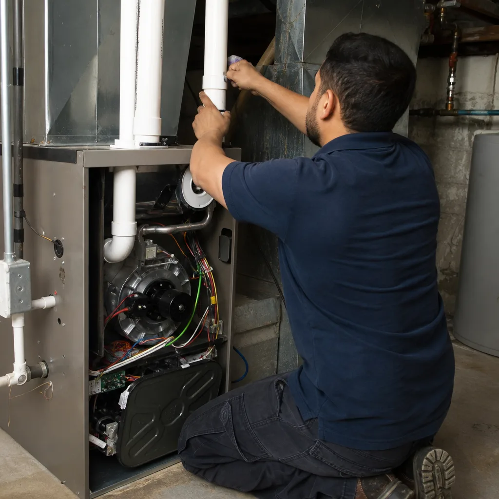 HVAC technician performing furnace repair and maintenance on a home heating system