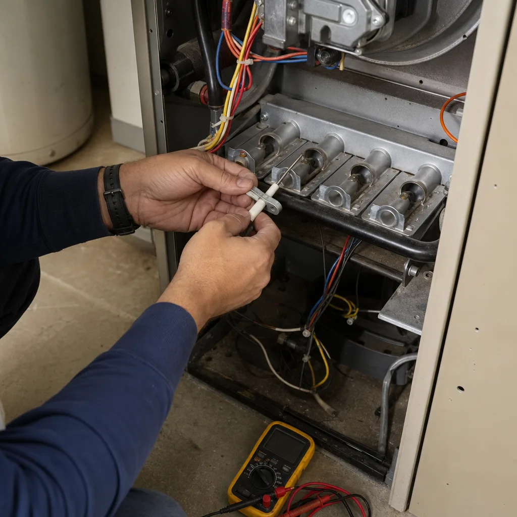 HVAC technician performing furnace repair and flame sensor maintenance
