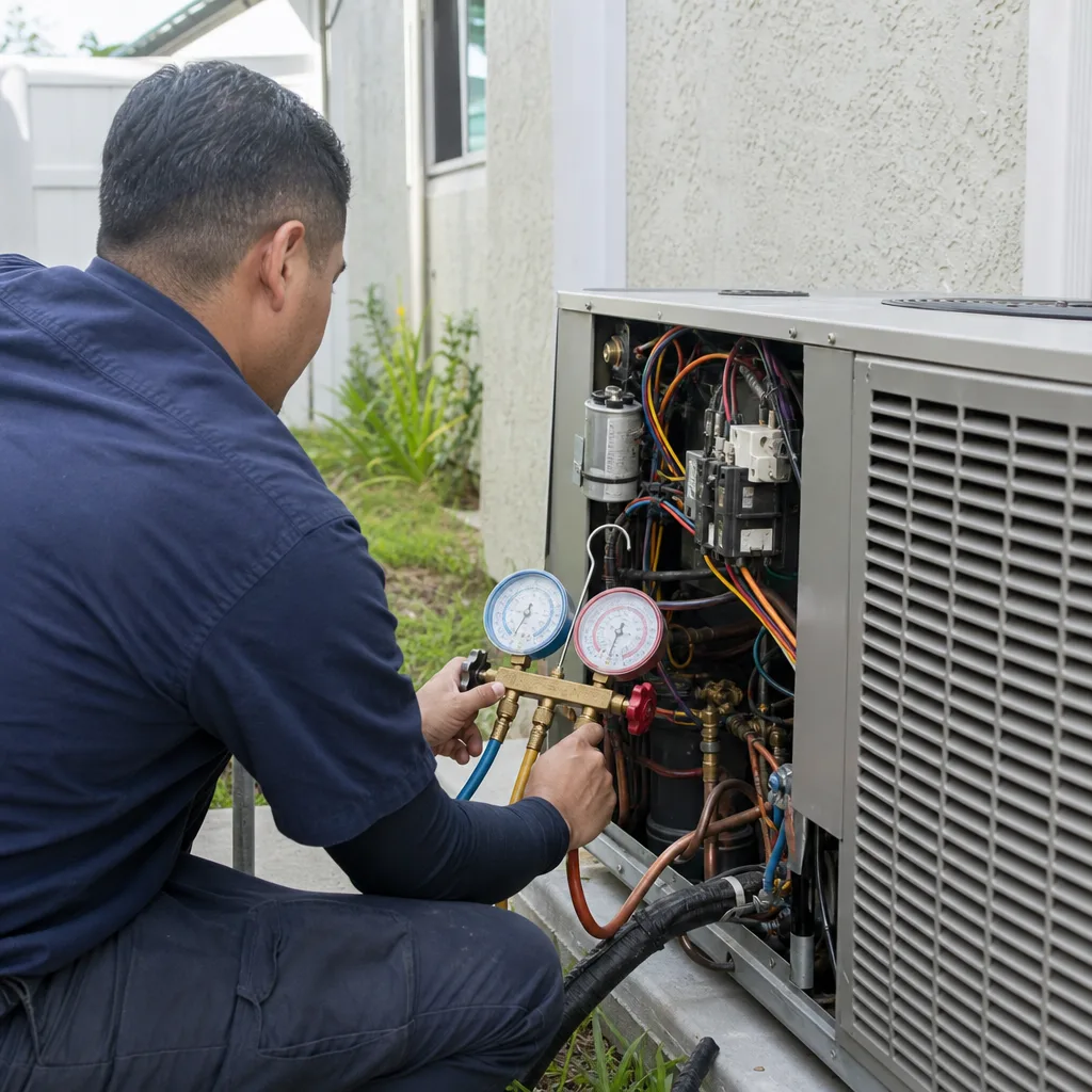 HVAC technician performing a heat pump service check with gauge manifold